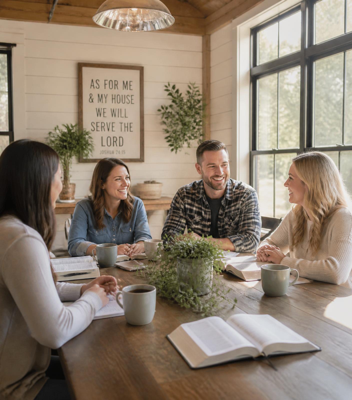 Warm rustic communal dining space with an open Bible and coffee mugs