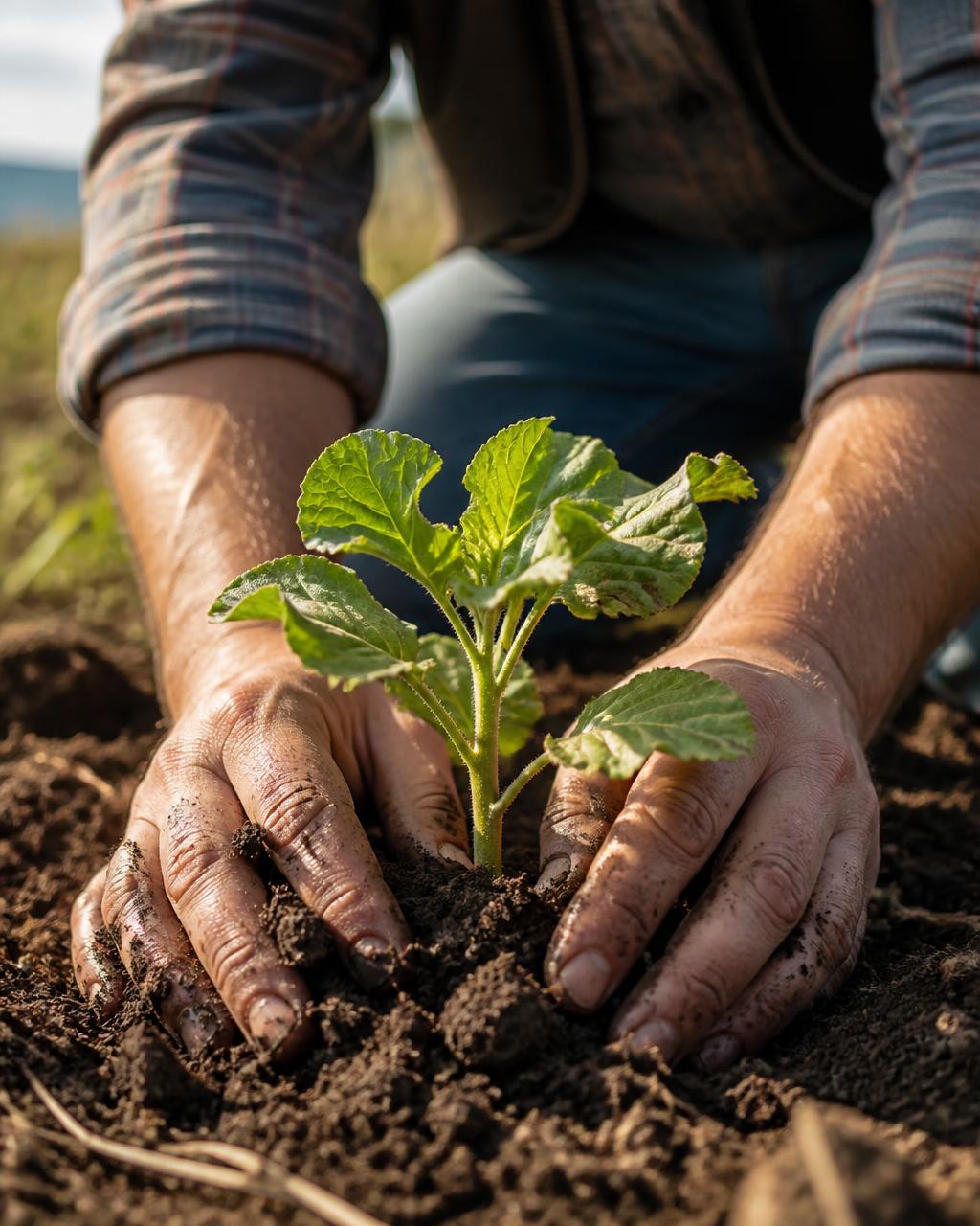 Working hands holding soil and a young seedling