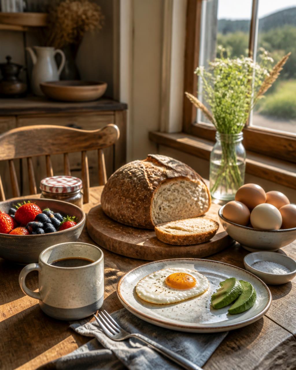 Rustic farmhouse breakfast on a wooden table